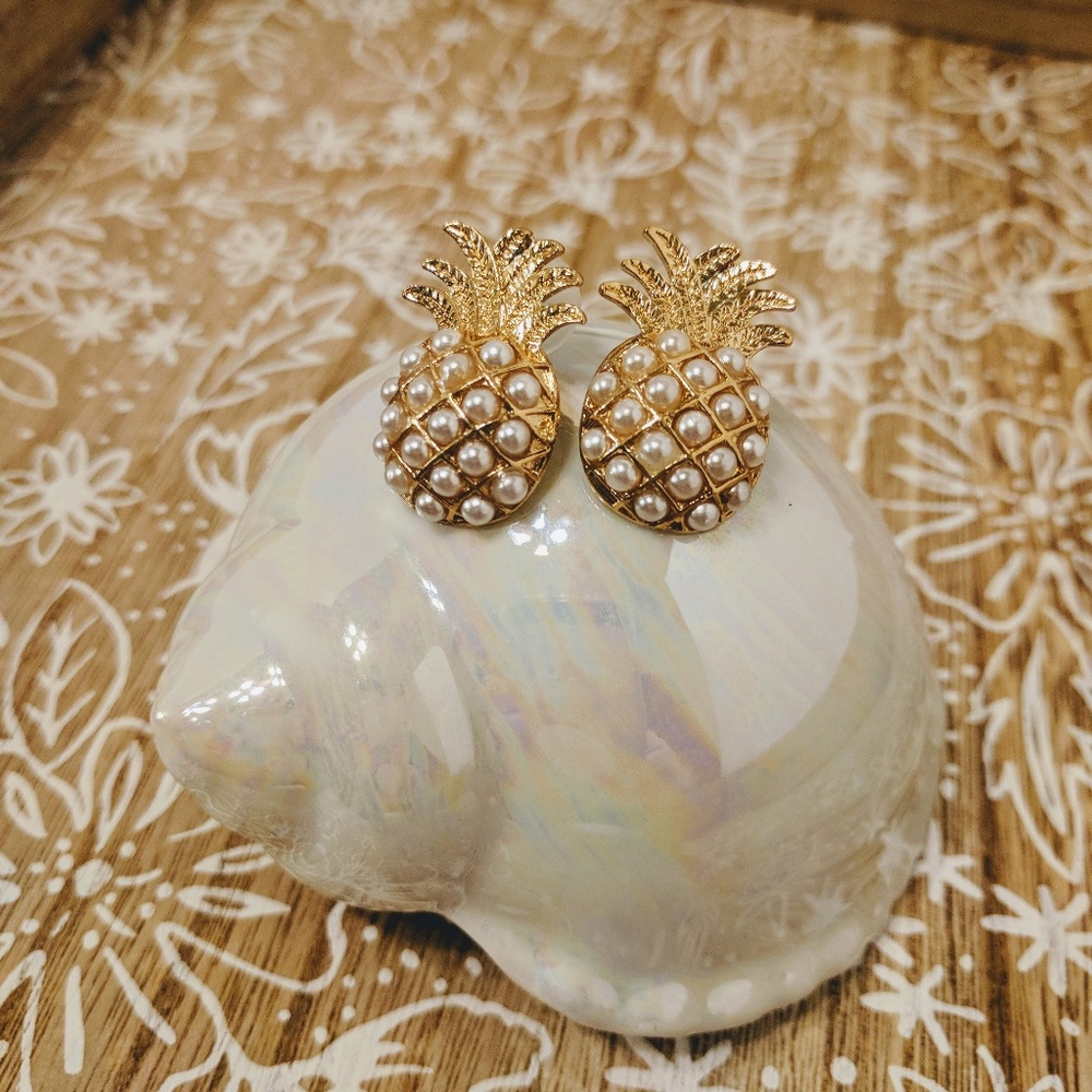 Striking Pearl-Detailed Golden Pineapple Earrings